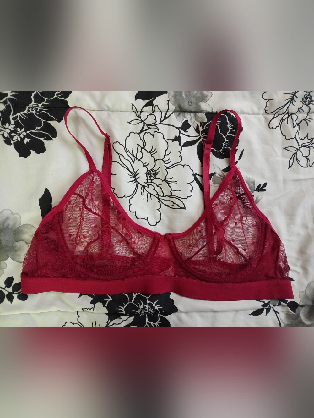 Red Mesh Polka Dot Unlined Bra Size L